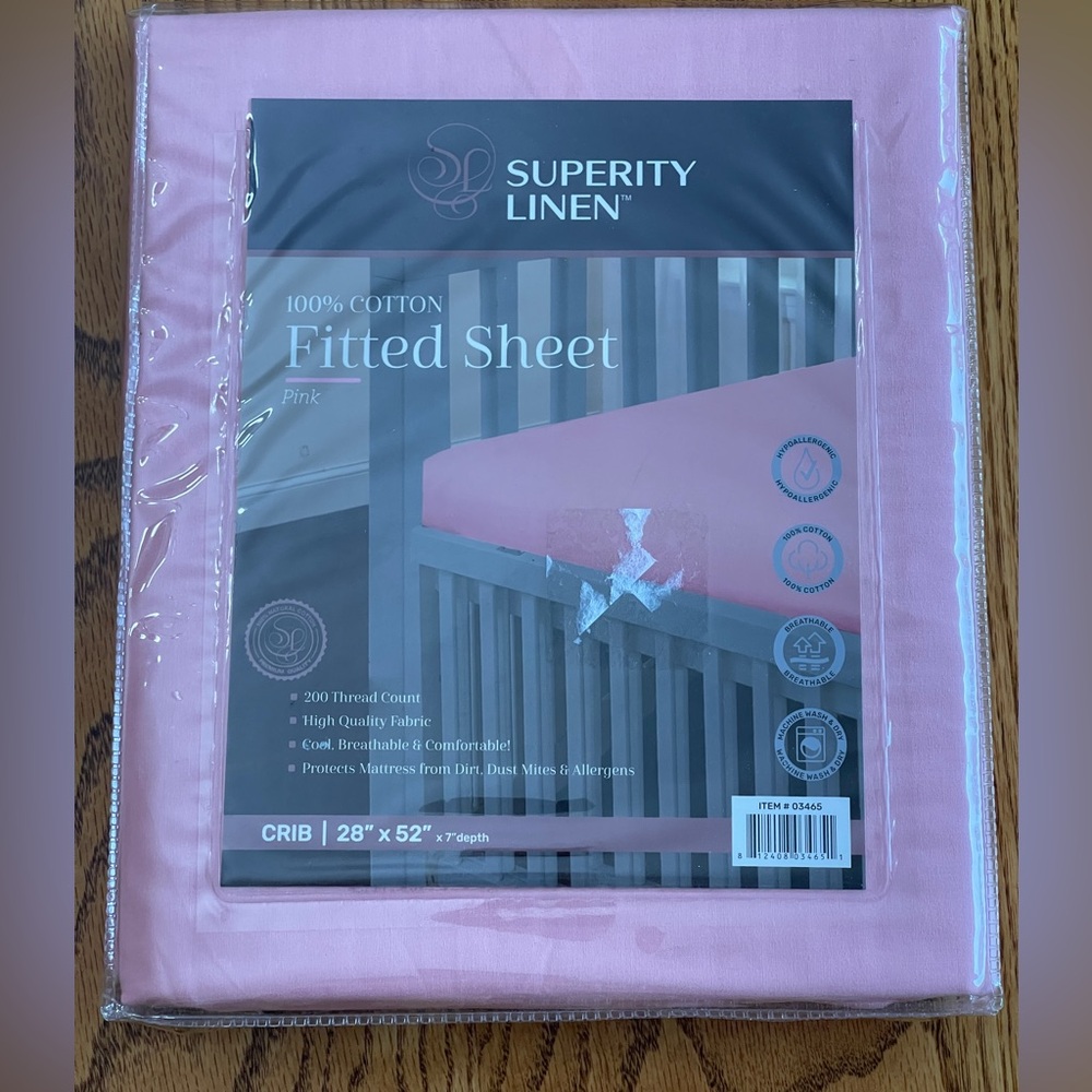 NWT Superity Linen Crib Sheet Pink 100% Cotton Fitted 28”X 52”X7” depth 200 ct.